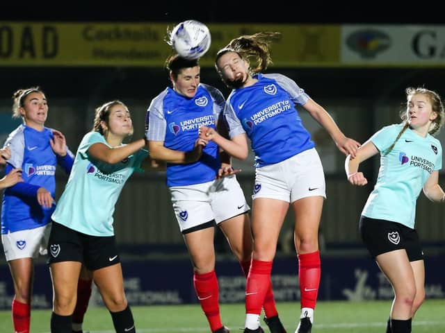 Pompey Women (in blue) pictured against Pompey Women's Development team. Jay Sadler's side will now be semi-professional following Tornante's investment. Picture by Nathan Lipsham