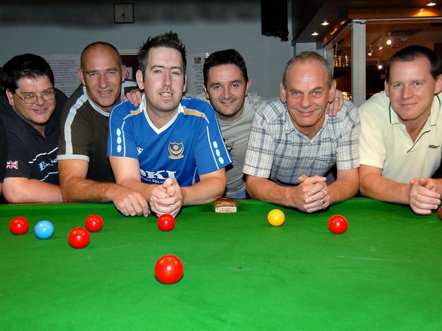 Emsworth Snooker Club players in 2007, left to right: Tony May, Dave Roberts, John Morrison, Shaun Picton, Wayne Talley, Andy Peat, Jim Baldwin and Matt Beardsworth.