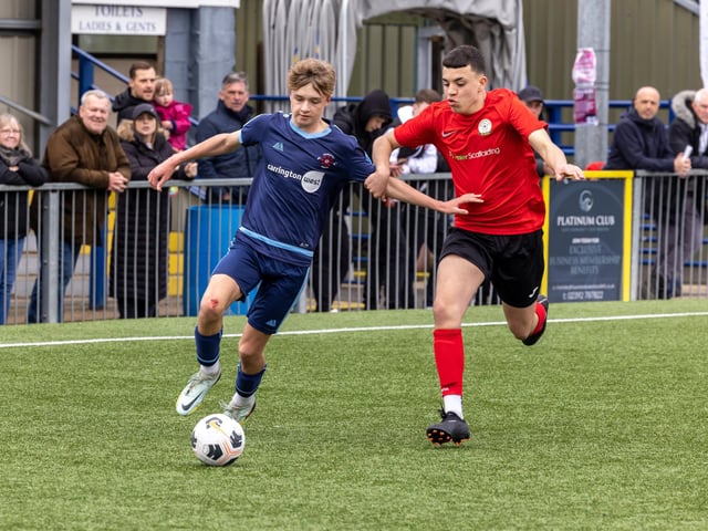 Action from the Under-14 Memorial Challenge Cup final between Pickwick Youth Pumas (all blue kit) and Horndean Youth Red. Picture: Mike Cooter