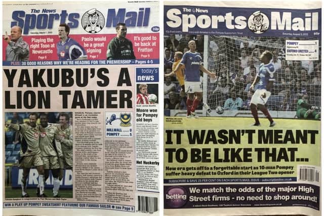 Left - Millwall 0 Pompey 5, Championship, March 2003 - another great win on the road to the Premier League. Right -  Pompey 1 Oxford United 4, August 2013 - the Sports Mail returns for the first day of a new season, after being initially axed the previous October.