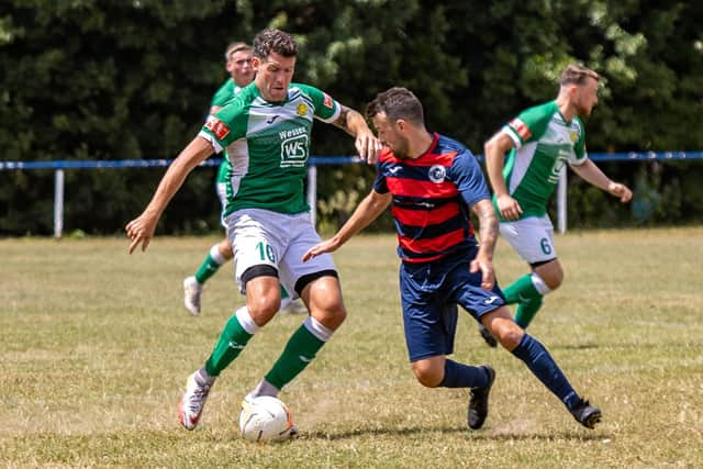 Callum Laycock, left, fired five goals as Moneyfields beat Bemerton in the FA Cup. Picture: Mike Cooter