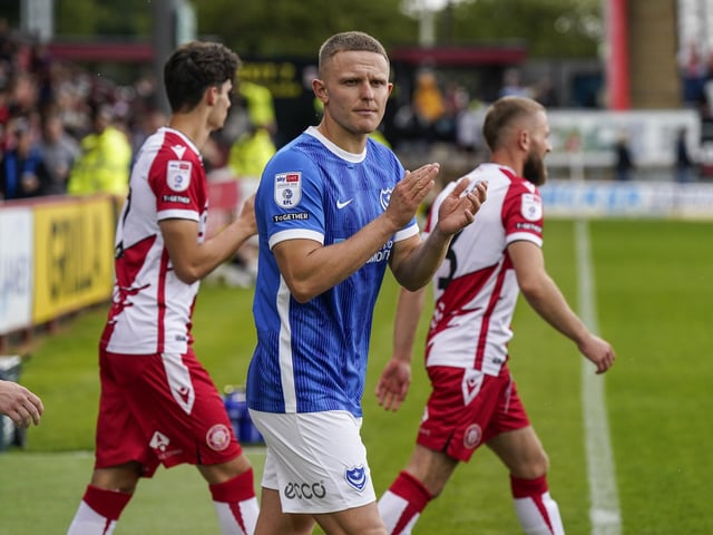 Colby Bishop applauds the Pompey fans' commitment as he makes his way onto the Lamex Stadium pitch