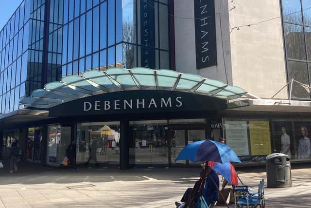 Police investigate as objects thrown off abandoned Debenhams store in Commercial Road on April 17. Pic Steve Deeks