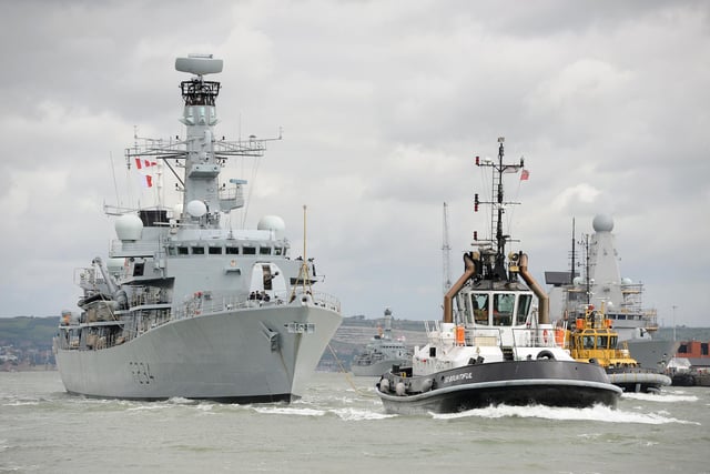 Portsmouth-based HMS Iron Duke has returned to sea after a 16-month upgrade and now boasts one of the most advanced radars in the world.
The Type 23 frigate is the first Royal Navy ship to be fitted with Artisan – a 3D radar which is five times better than the old version it replaces.
She left the Naval Base today (Sunday) to begin an intensive few months of sea trials.
As part of a £100m programme Artisan will be fitted to all the Navy’s 13 Type 23s as well as the two future aircraft carriers.
Artisan could also be the principal air radar of the Type 26 combat ship, successor to the 23s, which enter service next decade.
The radar boasts some impressive statistics. It can spot something as small as a cricket or tennis ball travelling at three times the speed of sound more than 25 kilometres (15 miles) away.
It’s built out of the same lightweight carbon glass fibre materials found on a Formula 1 car and weighs just 700kg (1,540lb).
It can track up to 800 targets simultaneously if they’re 200 metres from Iron Duke or 200 kilometres (125 miles) away.