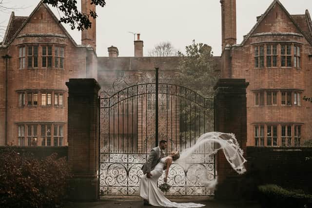 James and Katy Hunter outside New Place Hotel, Shirrell Heath. Credit: Carla Mortimer Wedding Photography