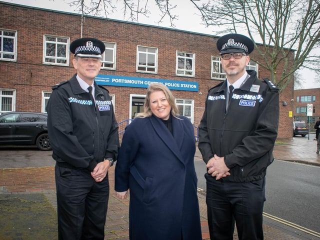 Reopening of Portsmouth Central Police Station on Tuesday 19th March 2024Pictured:  Police and Crime Commissioner, Donna Jones with Superintendent,  Mark Lewis and Chief Inspector, Andy McDonald at Portsmouth Central Police Station, PortsmouthPicture: Habibur Rahman