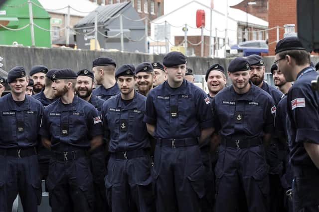 Pictured are some of the 47-strong crew of HMS Chiddingfold. Photo: Royal Navy