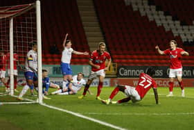 Charlton Athletic's Jayden Stockley (centre) celebrates scoring the third goal. Picture: Steven Paston/PA Wire.