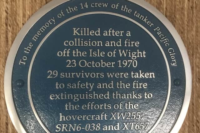 The plaque at the Hovercraft Museum in memory of 14 people who died during the oil tanker Pacific Glory disaster in 1970
