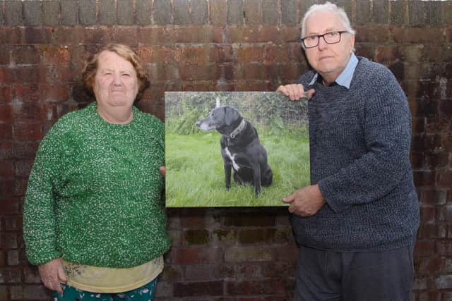 Pictured is: Teresa and Roy Johnson with a picture of their late dog, Charlie.
Picture: Keith Woodland (260221-20)