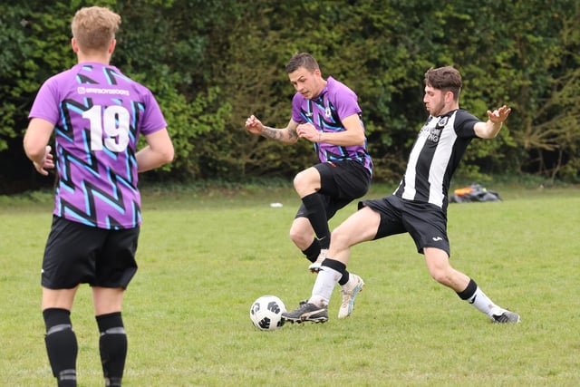 Action from Al's Bar's 3-0 victory over Emsworth Town reserves (black/white kit) in City of Portsmouth Sunday Football League Division Four