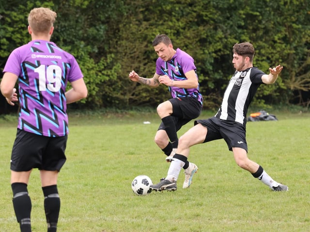 Action from Al's Bar's 3-0 victory over Emsworth Town reserves (black/white kit) in City of Portsmouth Sunday Football League Division Four