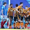 Hull celebrate their opener at Fratton Park.  Picture: Joe Pepler.