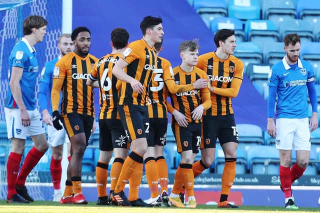 Hull celebrate their opener at Fratton Park. Picture: Joe Pepler.