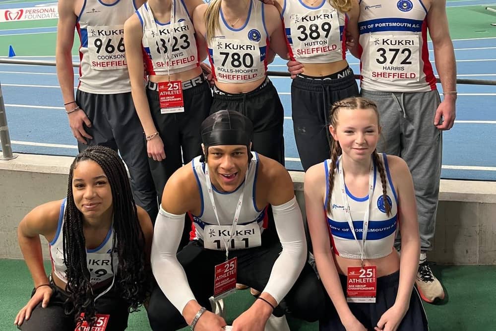 City of Portsmouth AC members in Sheffield. Back (from left) Logan Cookson, Rose Lewis, Millie Rolls-Hooper, Ella Hutton, Scott Harris. Front: Vida-Pascaline Pericard, Harvey Beckles, Winne Symes