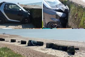 'Smart' car crashes on Hayling Island beach on Sunday in glorious weather.