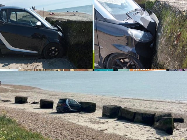 'Smart' car crashes on Hayling Island beach on Sunday in glorious weather.