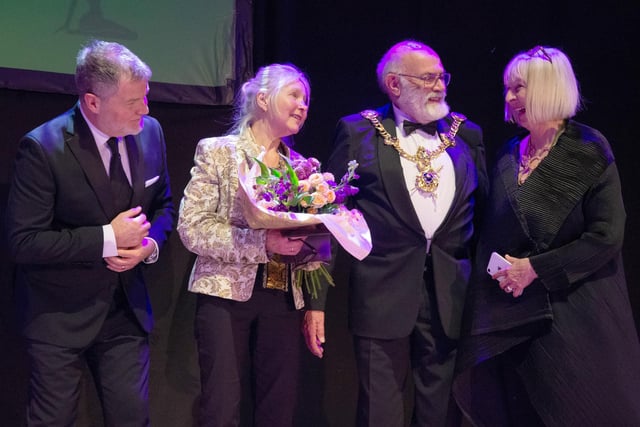 Lifetime Achievement Award Recipient Dr Alex Hildred (who was one of the key divers in raising The Mary Rose from the seabed) with Presenters Miles Henson, Cheryl Buggy and The Lord Mayor of Portsmouth Hugh Mason