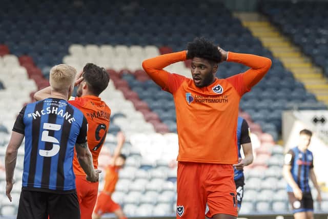 John Marquis, left, and Ellis Harrison look dejected after a missed Pompey chance. Picture: Daniel Chesterton/phcimages.com