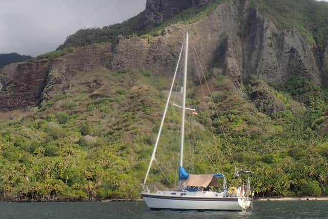 The couple's Yacht Bagheera, Anaho Bay, Marquesas