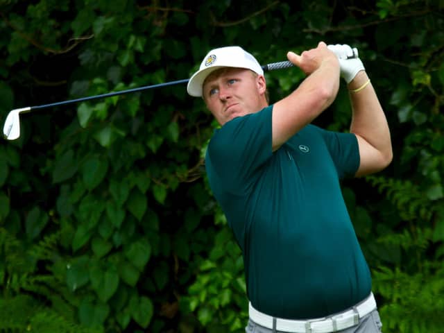Corhampton’s Jamie Markwick tees off on the 16th at Shanklin & Sandown in the quarter-final of the 120th Hampshire, Isle of Wight and Channel Islands Amateur Championship. Picture: Andrew Griffin.