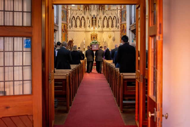 Niel McLeod funeral at St Swithuns Church, Southsea, Portsmouth on Monday 10th October 2022
Pictured: Pallbearers carrying the coffin of Niel McLeod into St Swithuns Church, Southsea
Picture: Habibur Rahman