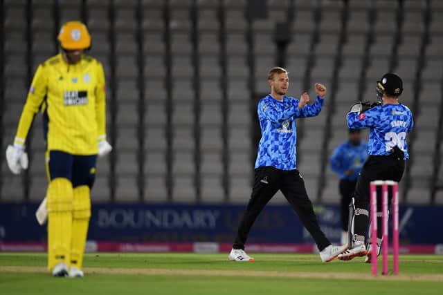 Danny Briggs celebrates the wicket of his Southern Brave colleague James Vince  during Sussex's T20 Blast win against Hampshire at The Ageas Bowl last September. Photo by Alex Davidson/Getty Images.