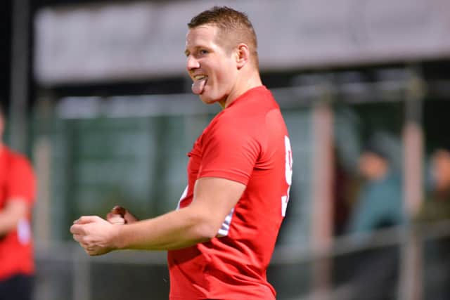 Stuart Morgan celebrates his first goal for Fareham against Downton. Picture: Martyn White.
