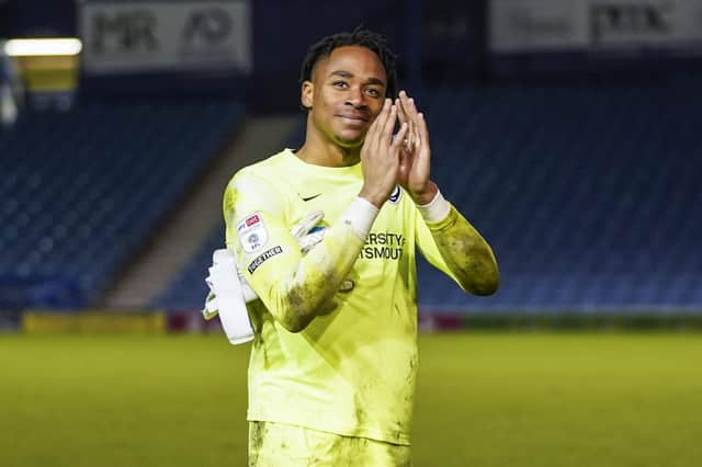 Delight for Pompey goalkeeper Josh Oluwayemi, who saved three penalties for Pompey in the shoot-out against AFC Wimbledon. Picture: Jason Brown/ProSportsImages