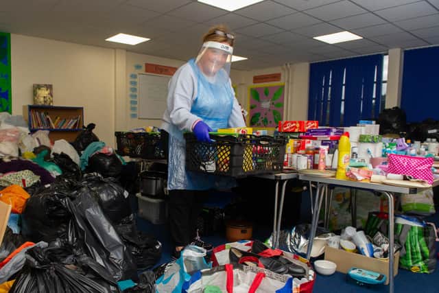 Jan Barnett with the donations at Bidbury Junior School
Picture: Habibur Rahman