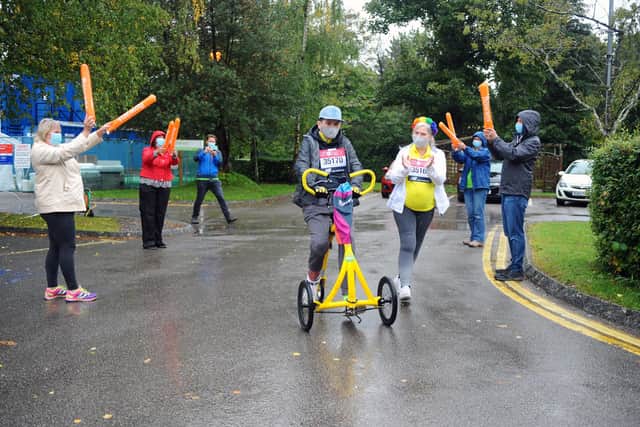 Harley Salter (25) took part in the virtual Virgin Money London Marathon  raising money for the Rowans Hospice Charity. Harley had a lovely send off by staff at The Rowans Hospice on Sunday, October 4.Pictured is: Harley Salter with his mum Vanessa Salter.Picture: Sarah Standing (041020-4931)
