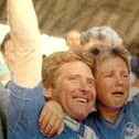 An emotional Jimmy Ball with dad Alan at Pompey's promotion party against Sheffield United in May 1987 - but there's a little-known story behind those tears. Picture: Murray Sanders