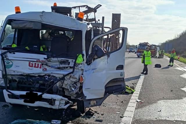 A 53-year-old man from Portsmouth has been arrested on suspicion of drug driving after a shocking crash on the M27 involving two lorries. Picture; Hampshire Roads Policing Unit.