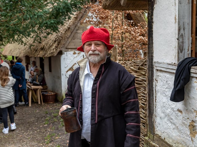 Roger Towner (72) Chairman of Gosport Living History Society welcomes visitors to Little Woodham. Picture: Mike Cooter (060424)