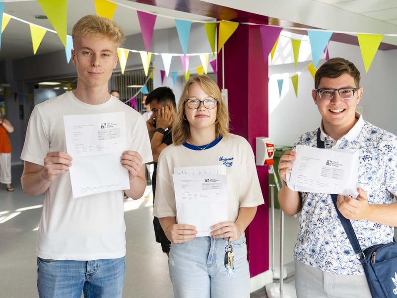 Filip lehota, Isabel Graham & Daniel Mills celebrate getting their results at Portsmouth college results day 2024