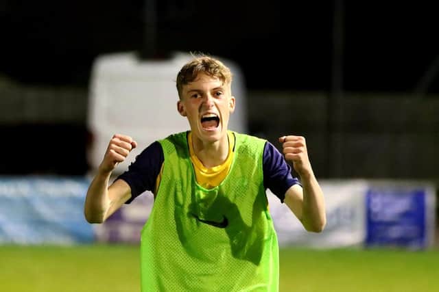Callum Mann celebrates Gosport U18s' FA Youth Cup win against Cheltenham Saracen. Picture: Tom Phillips