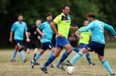 Luke Steere, centre, netted Harvest's late winner against Meon Milton that secured runners-up spot in Division 1 South East of the Hampshire Premier League.
Picture: Chris Moorhouse