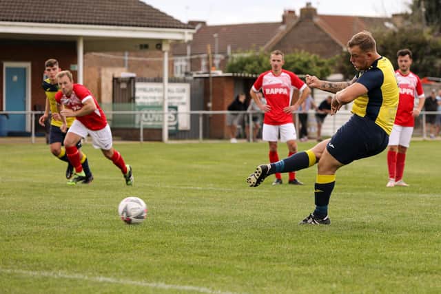Owen Haly scores Moneyfields' opener against Stockbridge from the penalty spot. Picture: Chris Moorhouse