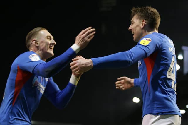 Steve Seddon, right celebrates his goal against Rochdale with Ronan Curtis. Picture: Robin Jones
