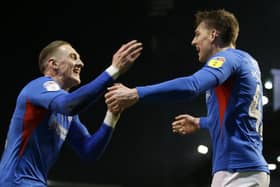 Steve Seddon, right celebrates his goal against Rochdale with Ronan Curtis. Picture: Robin Jones