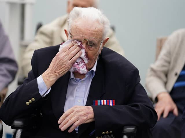 D-Day veteran Jack Mortimer gets emotional as he travels to France for the D-Day 80 commemorations. Photo: Jordan Pettitt/PA Wire