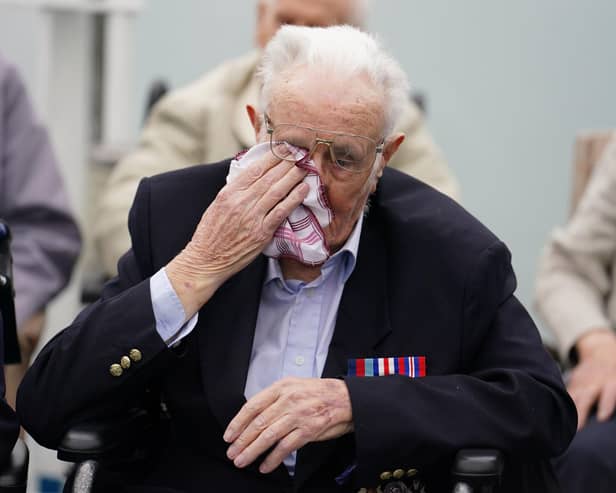 D-Day veteran Jack Mortimer gets emotional as he travels to France for the D-Day 80 commemorations. Photo: Jordan Pettitt/PA Wire