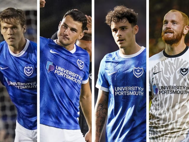 Pompey players (L-R) Sean Raggett, Regan Poole, Alex Robertson and Connor Ogilvie are all vying for playing time against Carlisle