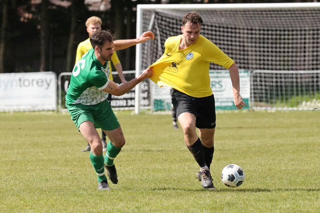 Action from the Father Purcell Challenge Cup final between Mob Albion (green/white kit) and Burrfields. Picture: Kevin Shipp