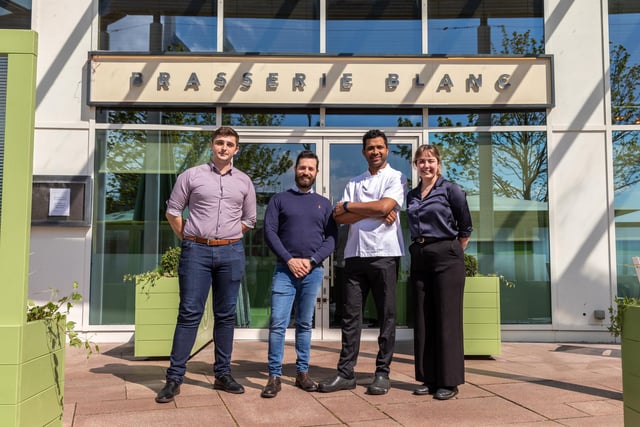 The management team at Brasserie Blanc in Gunwharf. Pictured: Benjamin Kelly-Smith (25, Assistant General Manager), Marco Tortorici (33, General Manager), John Chacko (39, Head Chef) and Emily Rowe (25, Assistant General Manager). Picture: Mike Cooter (280424)