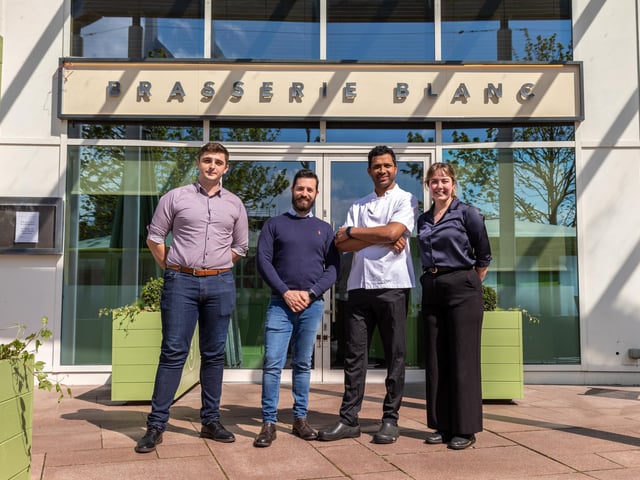 The management team at Brasserie Blanc in Gunwharf. Pictured: Benjamin Kelly-Smith (25, Assistant General Manager), Marco Tortorici (33, General Manager), John Chacko (39, Head Chef) and Emily Rowe (25, Assistant General Manager). Picture: Mike Cooter (280424)
