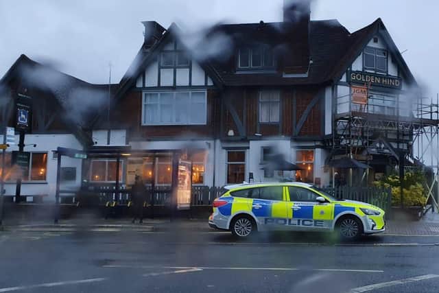 Police outside the Golden Hind pub where a man was arrested on suspicion of assault.