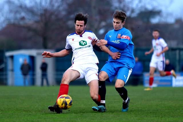 Elliott Wheeler, left, is nearing a return to fitness after recent spells out with an ankle injury and Covid - but wont be ready in time for Gosport's trip to face Beaconsfield Picture: Tom Phillips