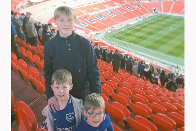 Josh Hughes with brothers Elliott and Noah at Wembley for Pompey's 2019 Checkatrade Trophy victory over Sunderland