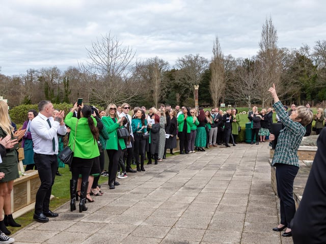 Attendees assemble for the release of five white doves at the funeral of baby Jax. Picture: Mike Cooter (160324)